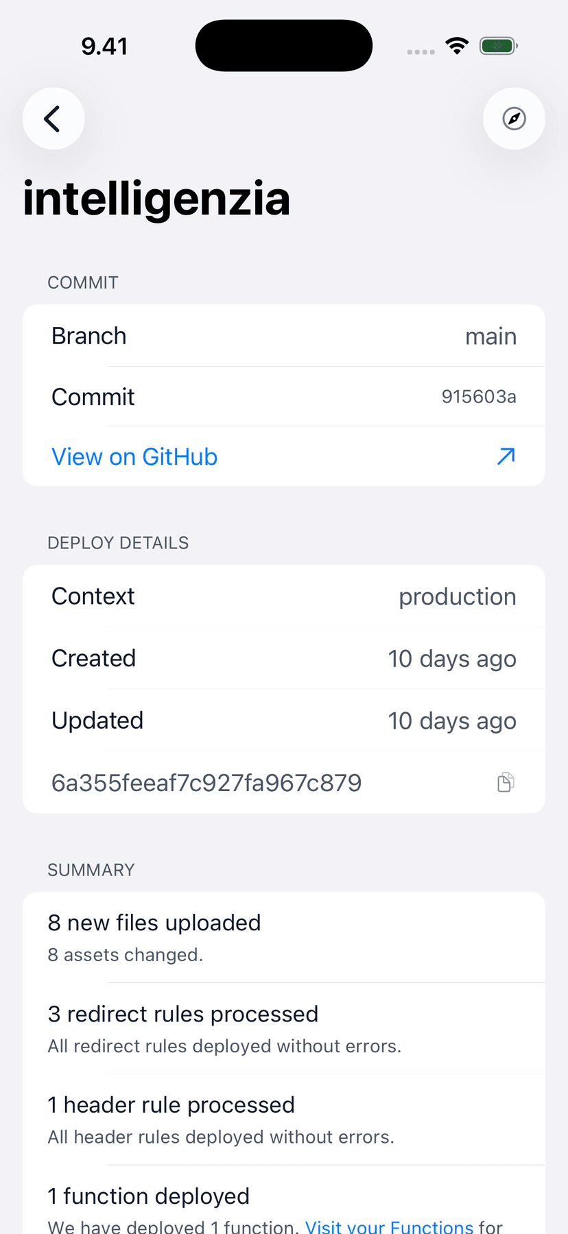 Netli.fyi deploy detail with commit, branch, and build summary