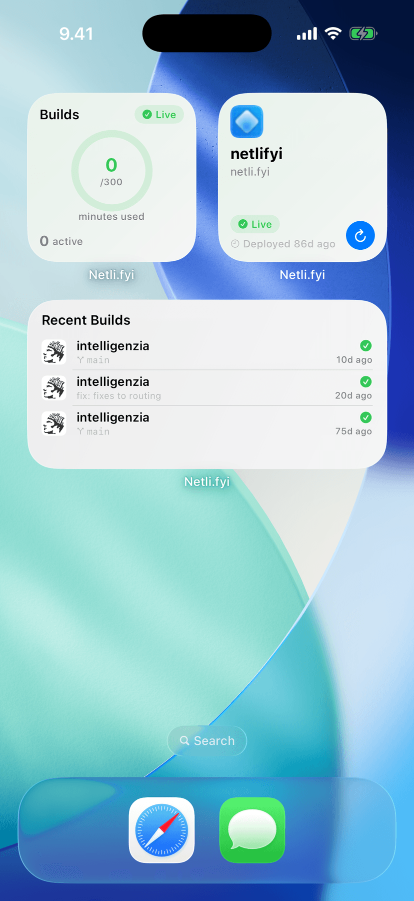 iPhone home screen with Netli.fyi widgets showing build minutes, site status with a redeploy button, and recent builds