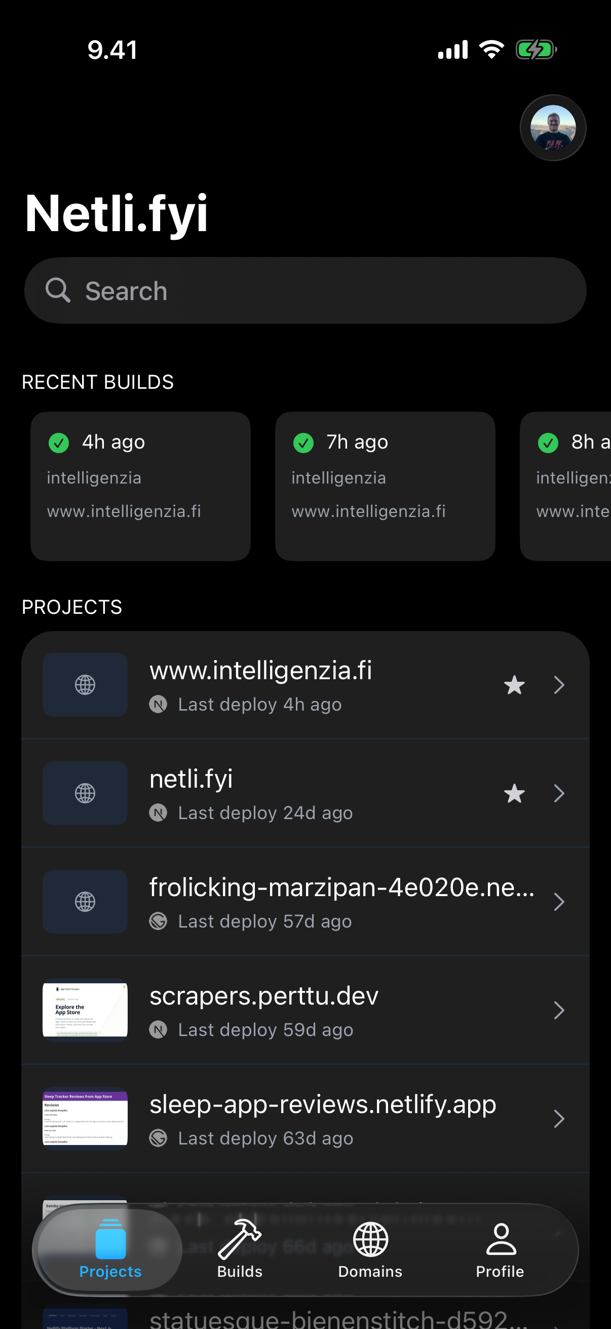 Netli.fyi app showing projects list in dark mode
