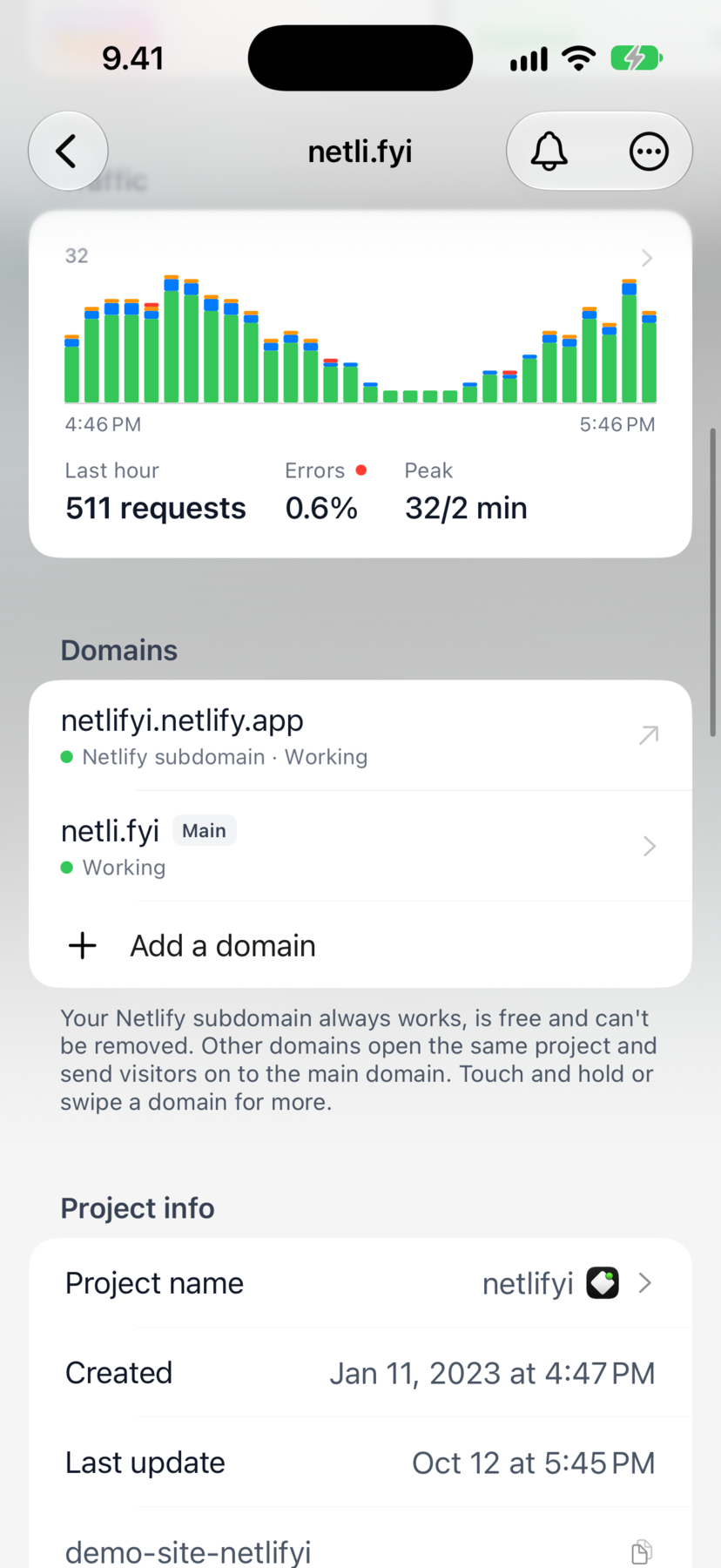 Netli.fyi project page listing its Netlify subdomain and main domain, both working