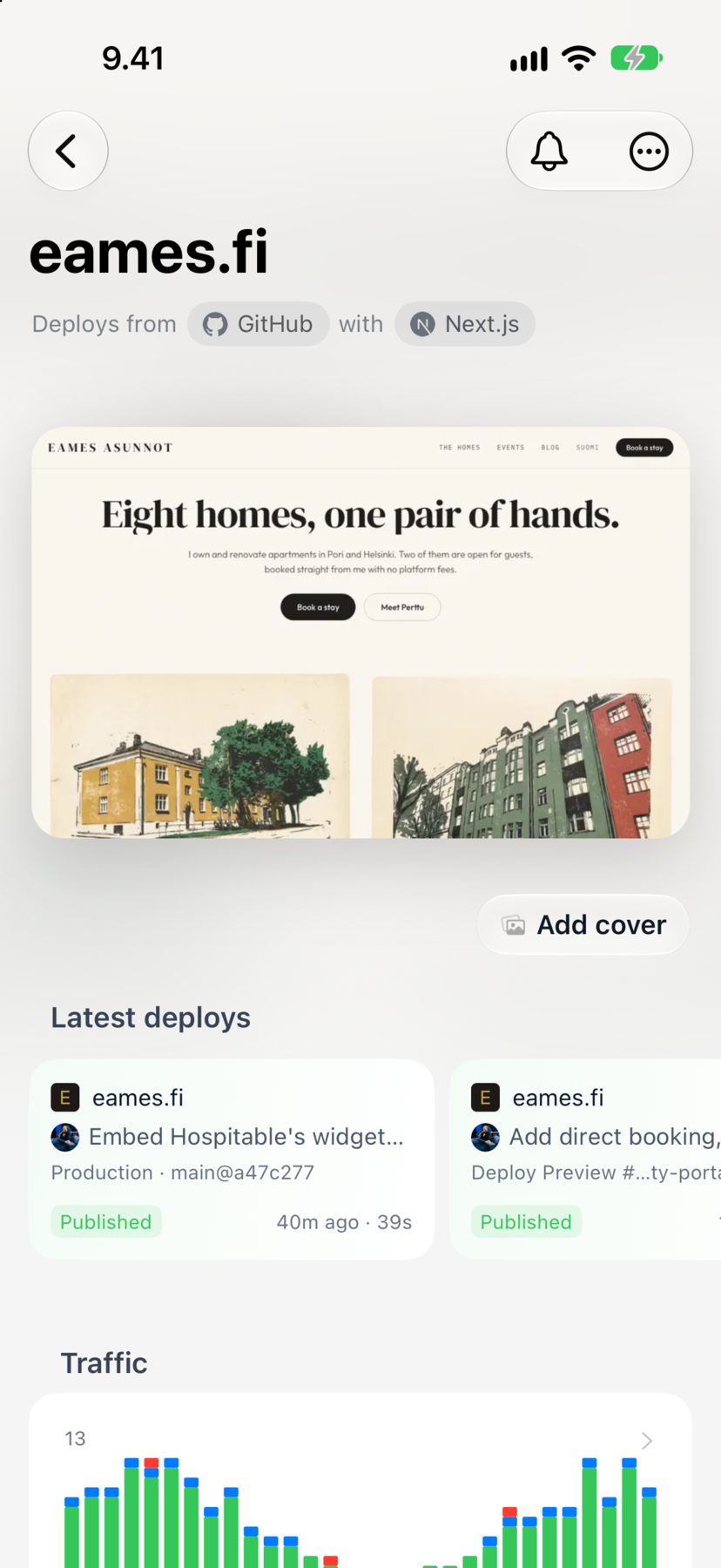 Netli.fyi project page for eames.fi with the site preview, an Add cover button, and the latest deploys