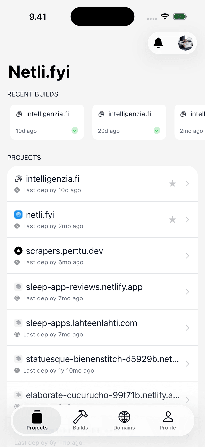 Netli.fyi projects overview with live deploy status