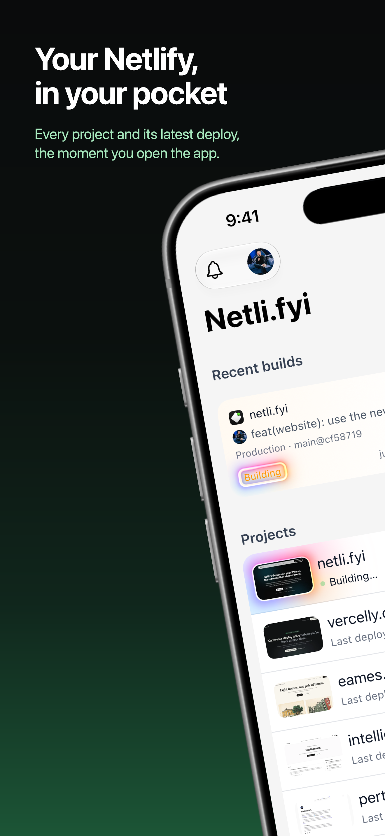 App Store screenshot: every Netlify project and its latest deploy