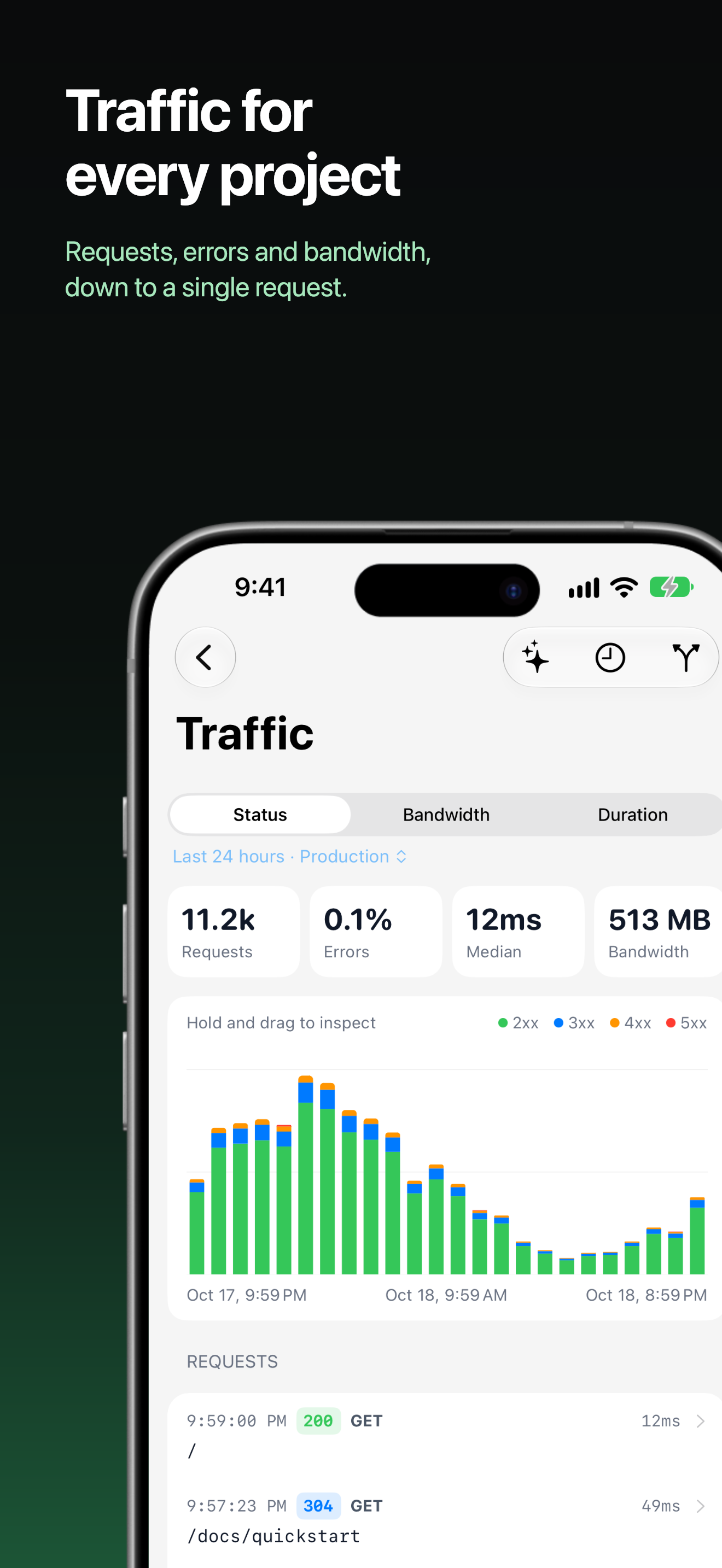 App Store screenshot: requests, status codes, and response times for a project