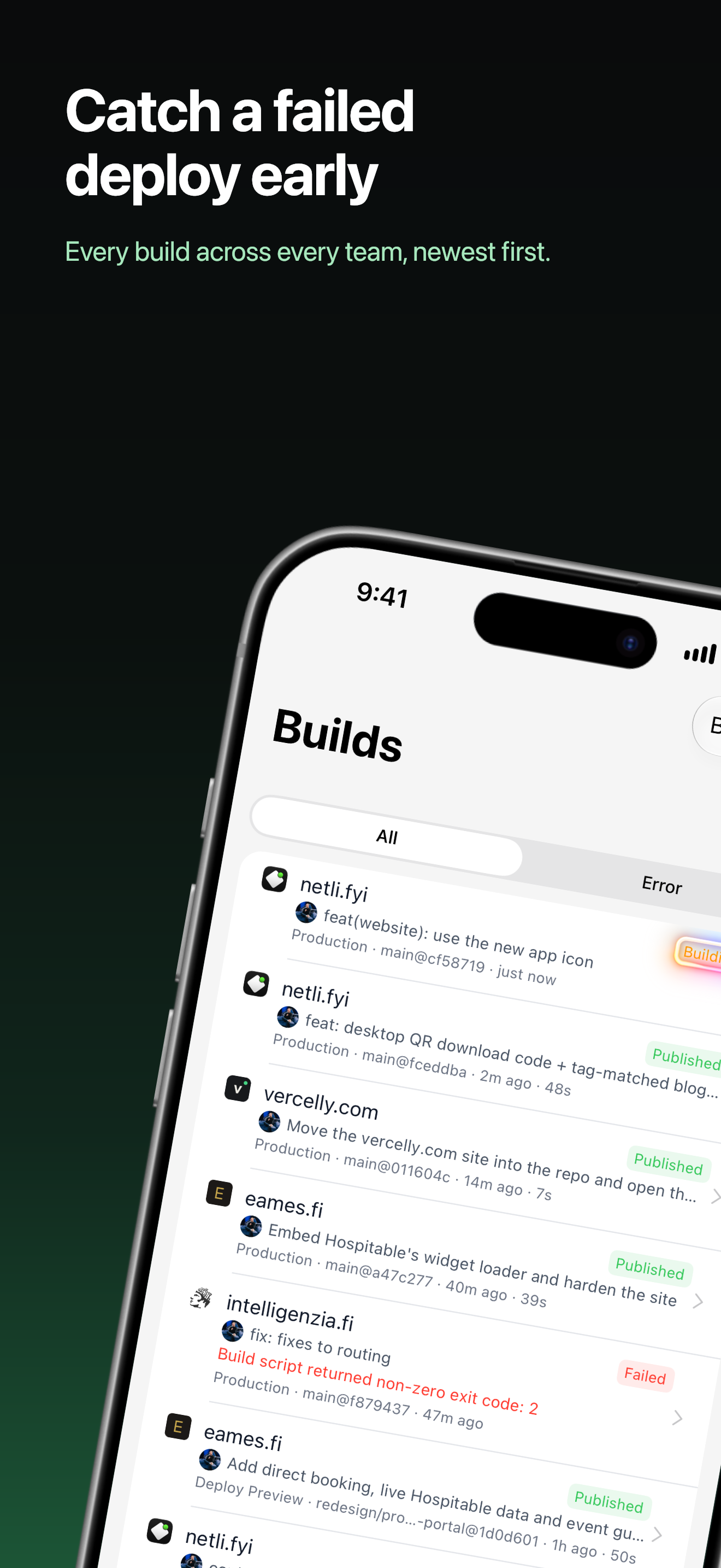 App Store screenshot: build history across all sites