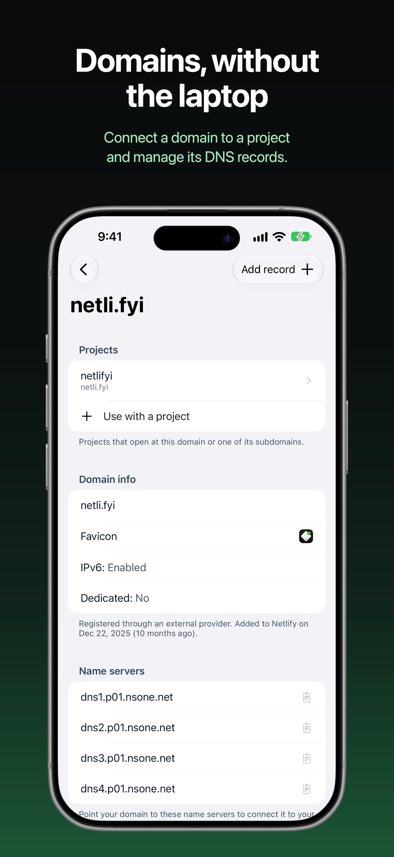 App Store screenshot: a custom domain with its DNS records
