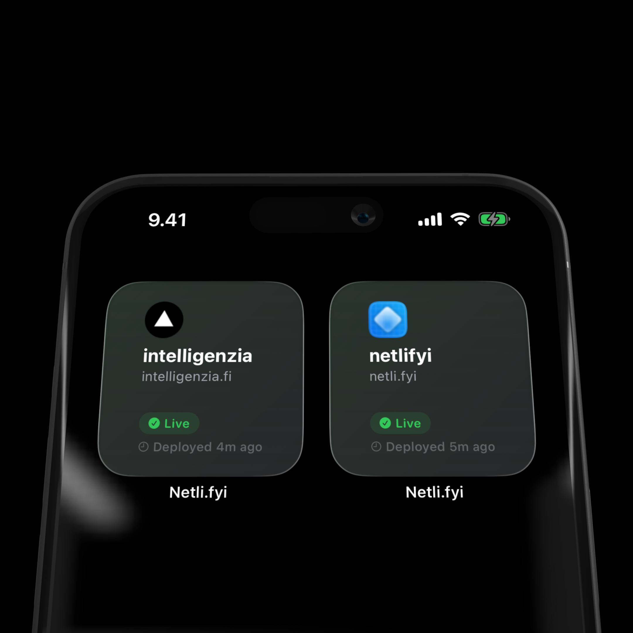 Two Netli.fyi widgets on an iPhone Home Screen, each showing a live site and when it last deployed