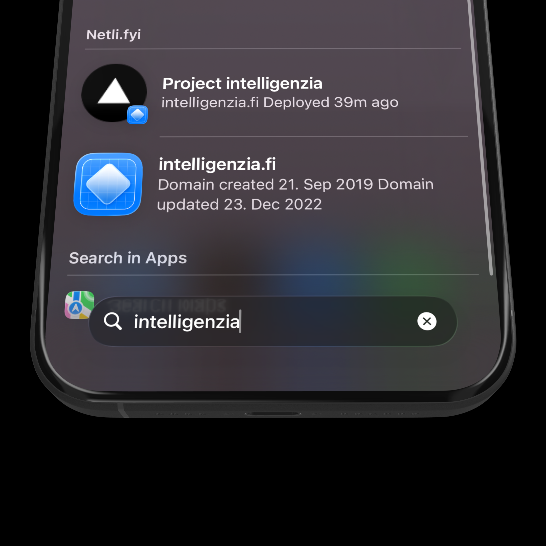 Spotlight on iPhone finding a Netlify project and its domain through Netli.fyi